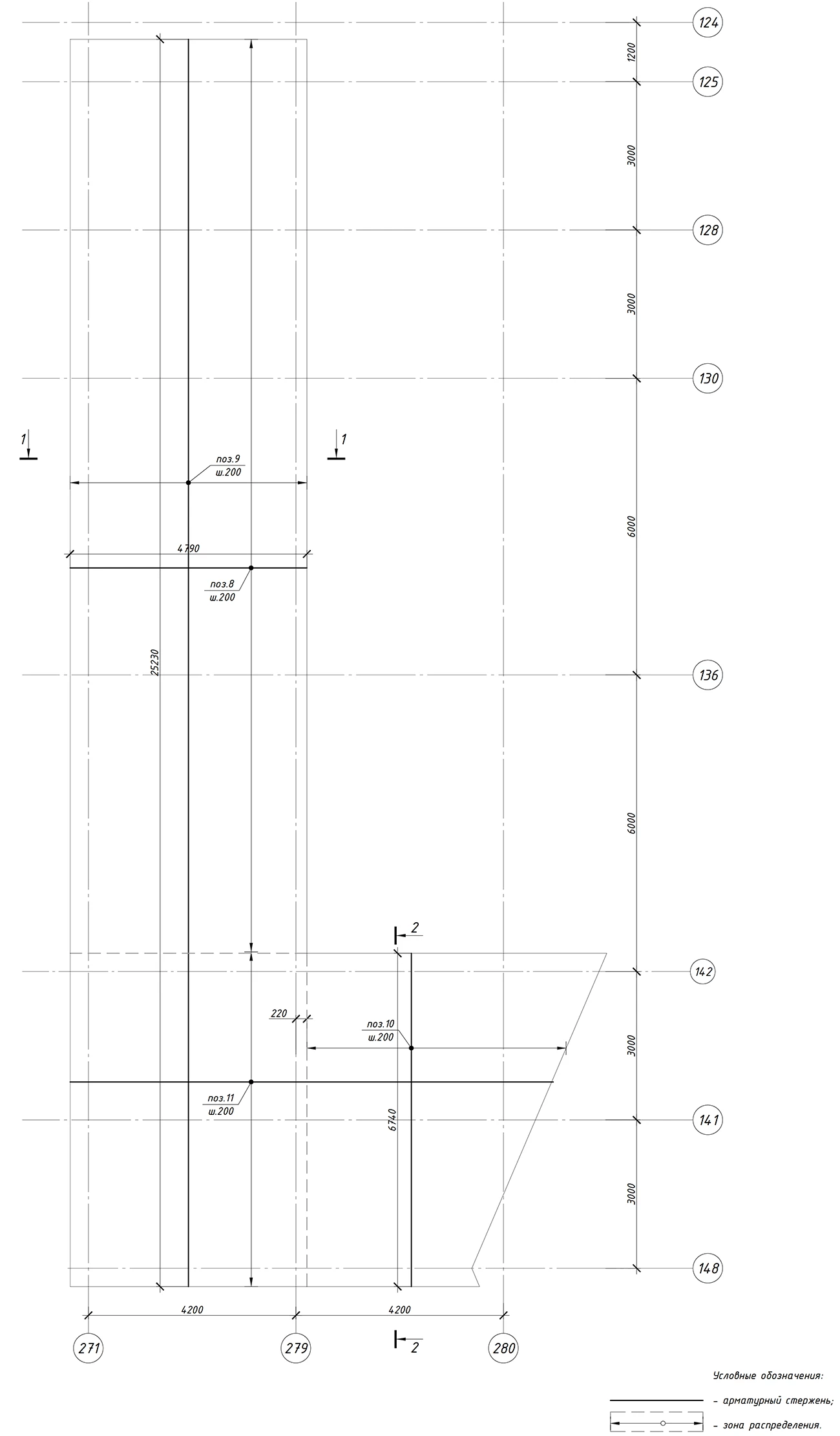 Схема армирования фоновой арматурой по верхней грани ж/б плиты покрытия на отм -3.500