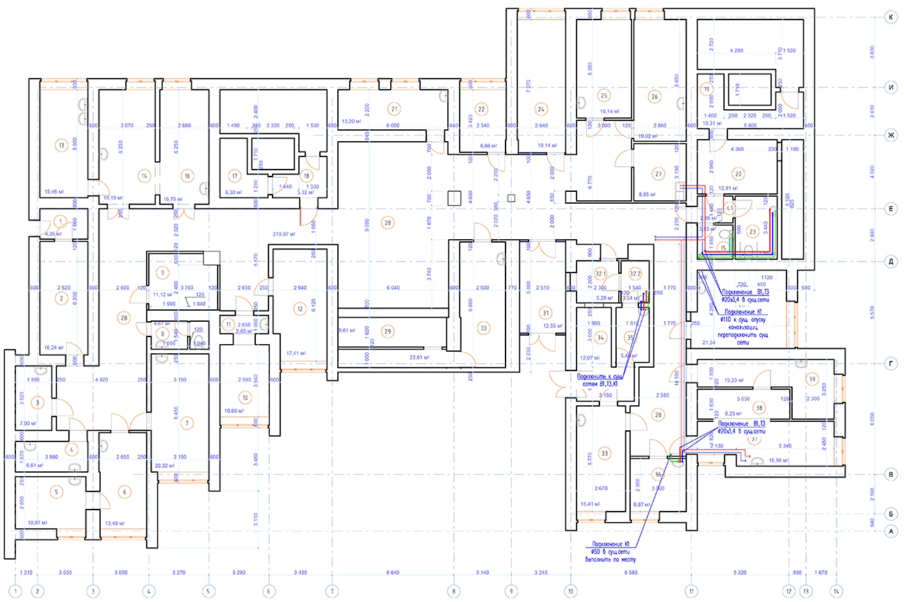 План перепланировки 1-ого этажа с сетями В1, Т3, К1. М1:100